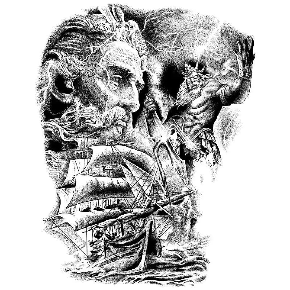 Black and white Zeus and Poseidon tattoo design with sailing ship
