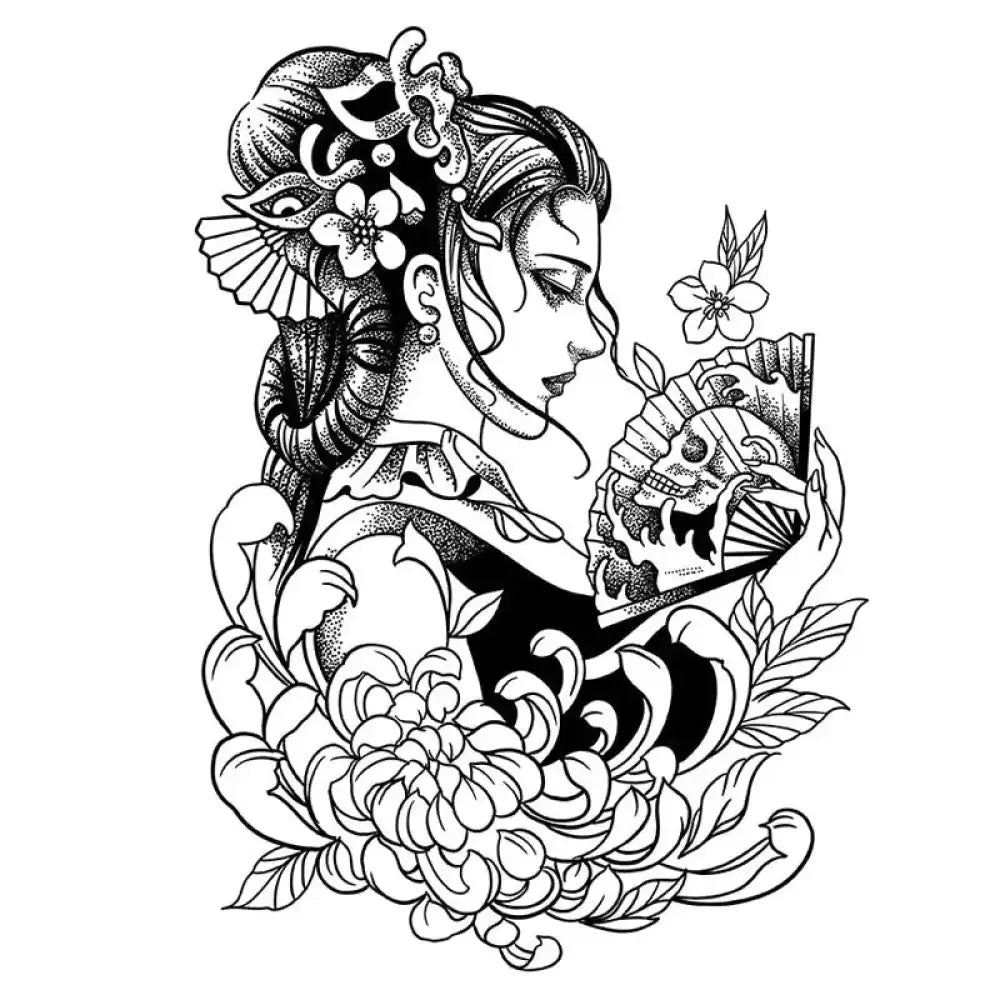 Black and white Flower Geisha tattoo sticker with skull fan and chrysanthemums design