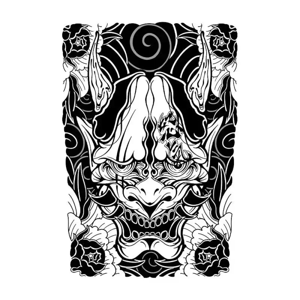 Intricate black and white Japanese demon mask tattoo design for tattoo sticker or small tattoo