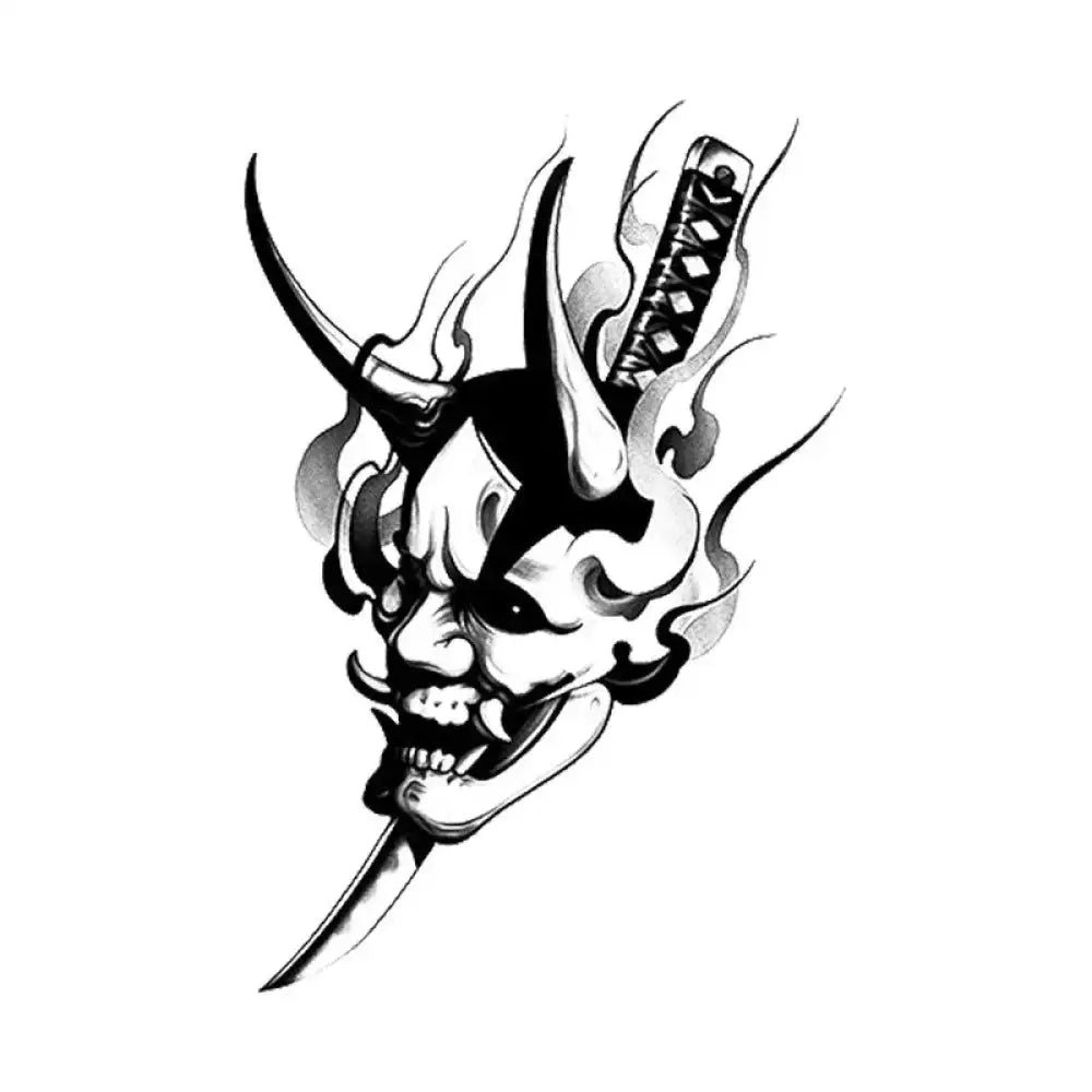 Black and white Japanese Oni mask with katana for tattoo sticker or small tattoo design