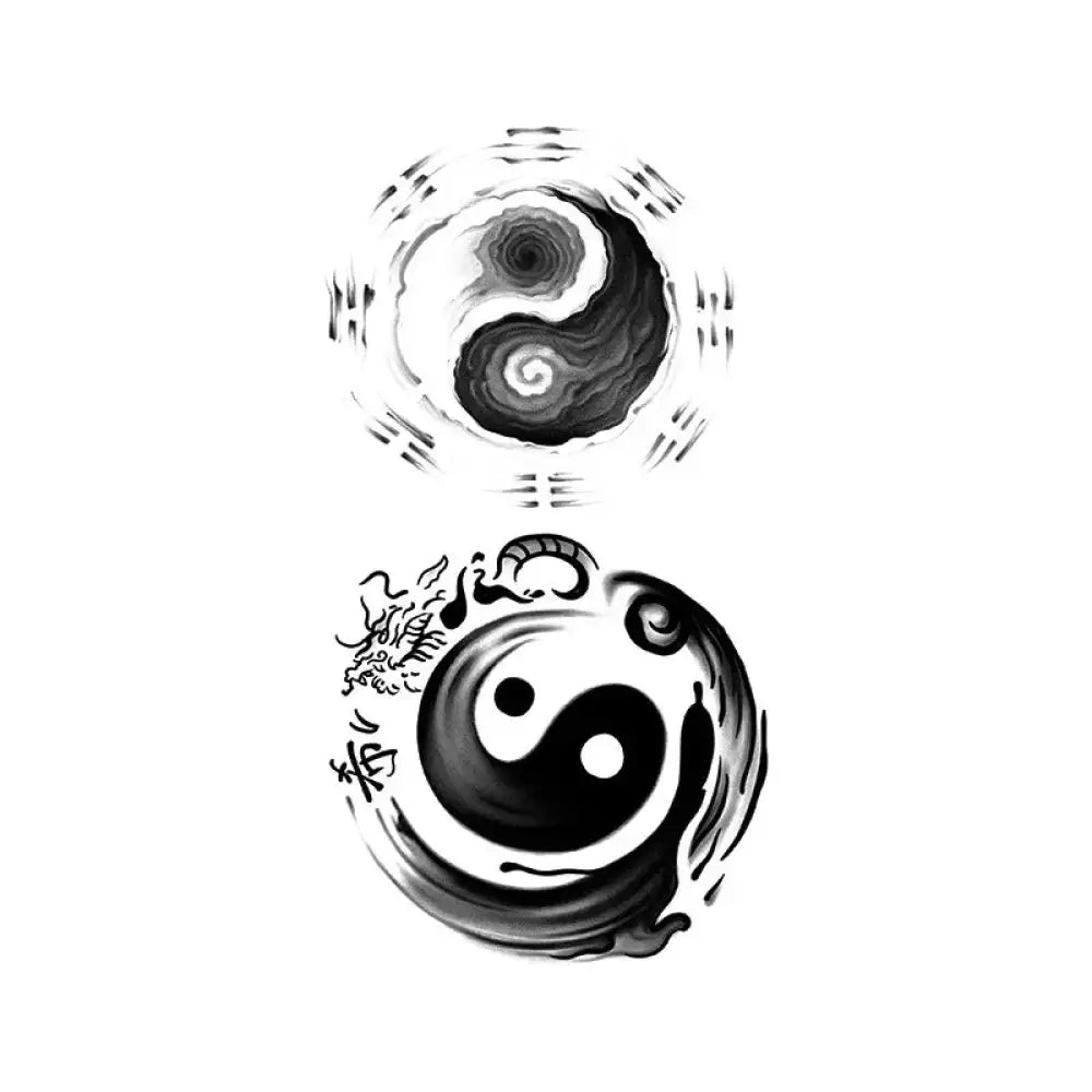 Tai Chi tattoo sticker featuring yin and yang symbols with trigrams, dragon, and water elements