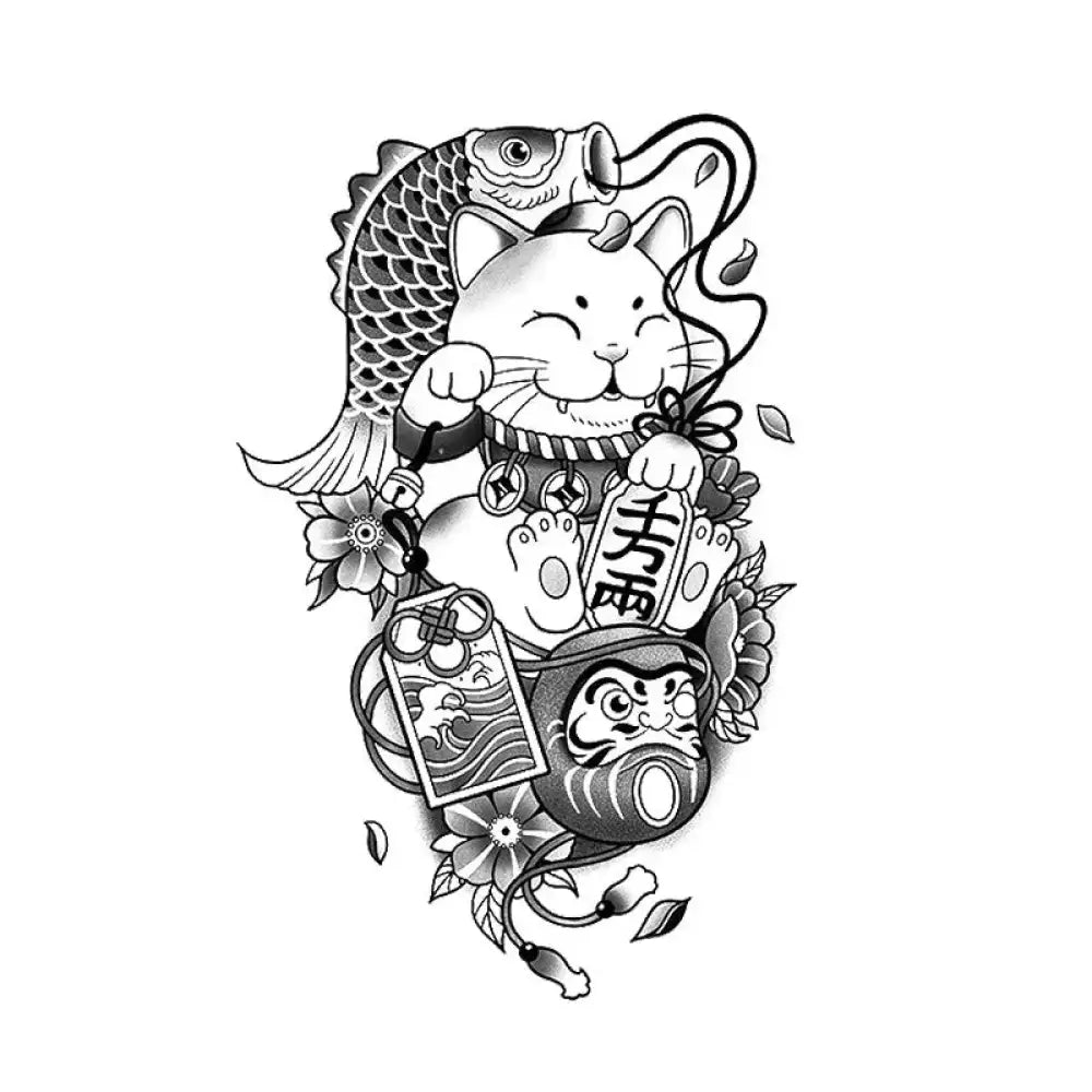 Black and white Lucky Neko tattoo sticker with koi fish and Japanese charms illustration