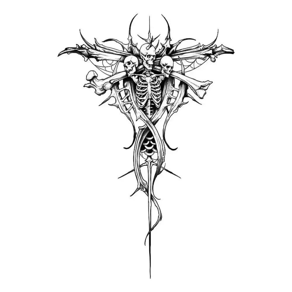 Black and white sketch of a Tri-Skull Cross tattoo sticker with three skulls and ornate wings