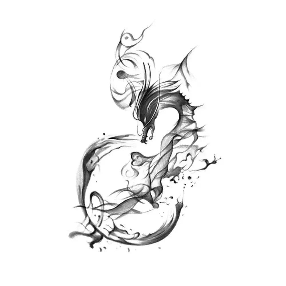 Black and white ink-brush dragon tattoo sticker with watercolor style and smoky details
