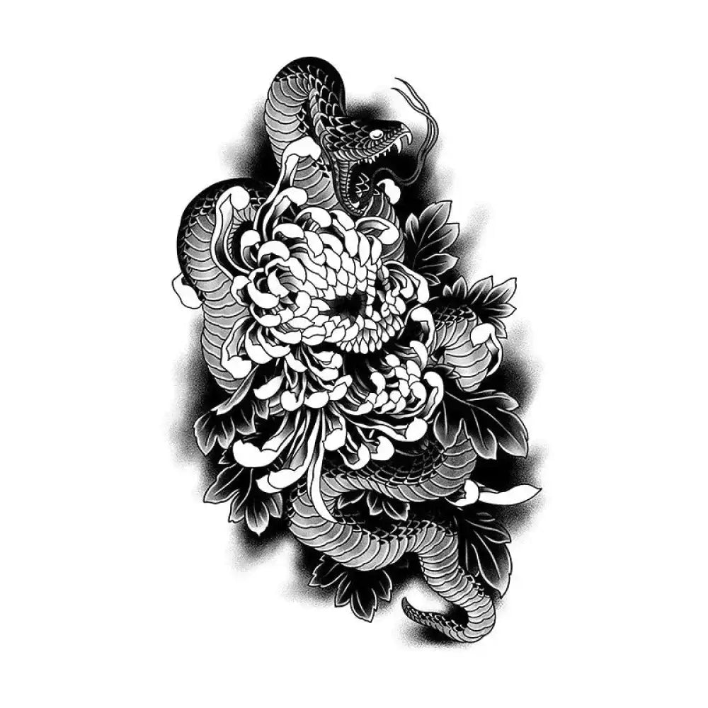 Black and white snake and chrysanthemum tattoo sticker with intricate tattoo designs