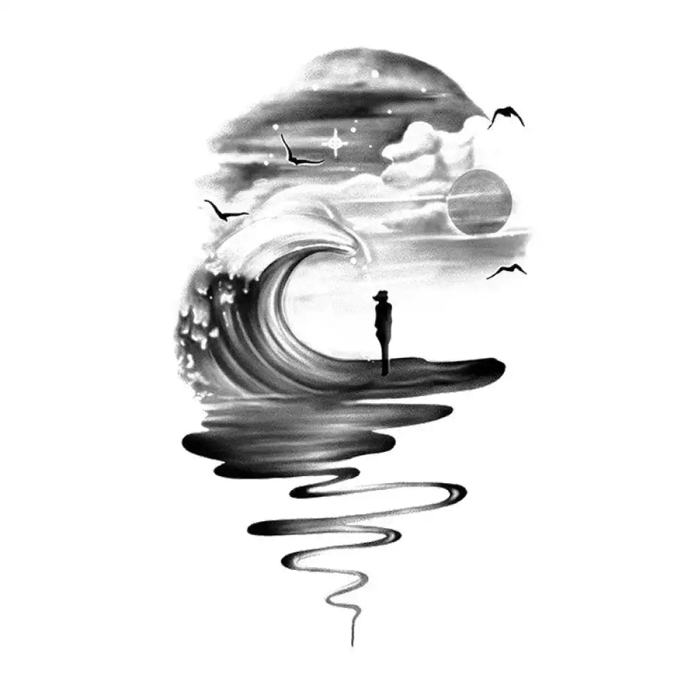 Grayscale tattoo sticker of a person on a wave under stars, ideal for small tattoo designs