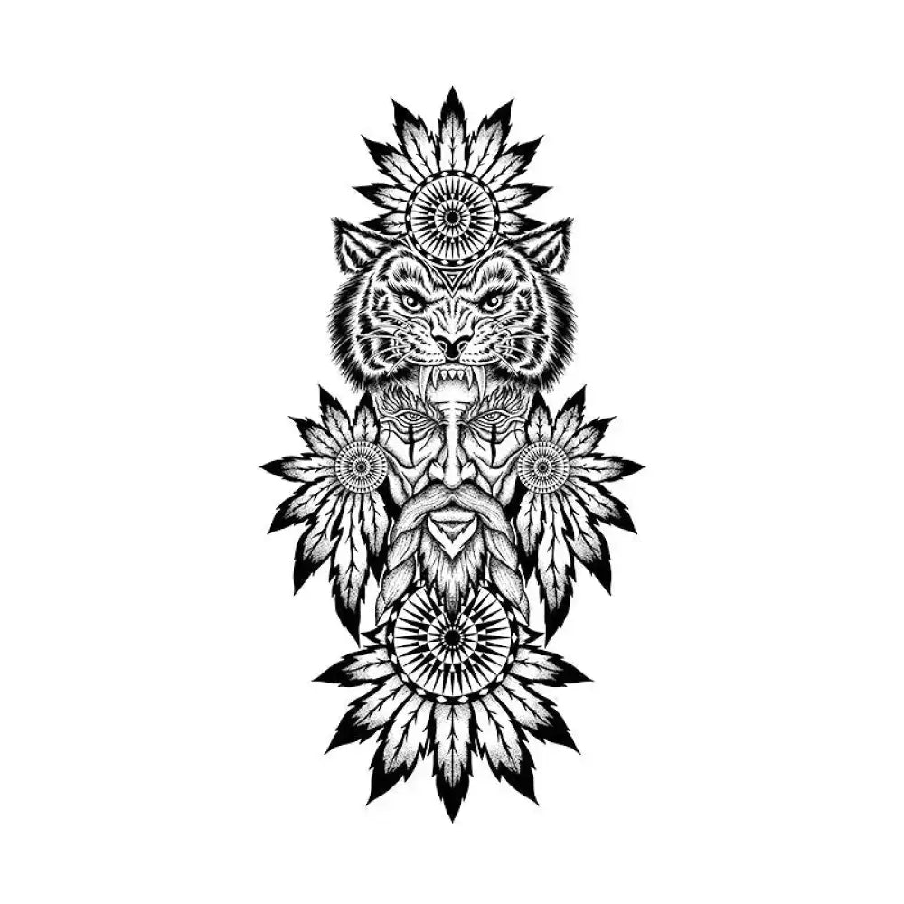 Ornate black and white Tiger Shaman Totem tattoo sticker featuring a roaring tiger and tribal patterns