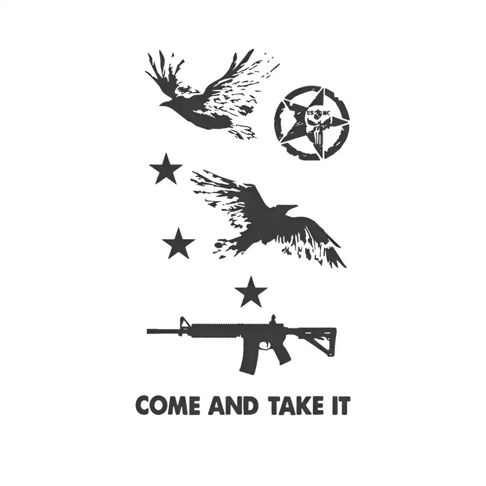 Black and white tattoo sticker of flying ravens, skull emblem, rifle with Come and Take It in Military Bundle