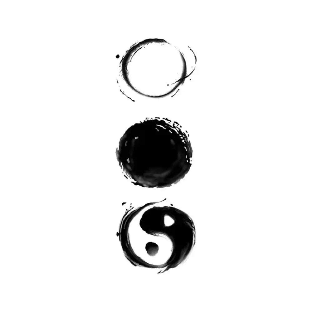 Ink Tai Chi tattoo sticker featuring three black ink circles: open ensō, filled circle, yin-yang symbol