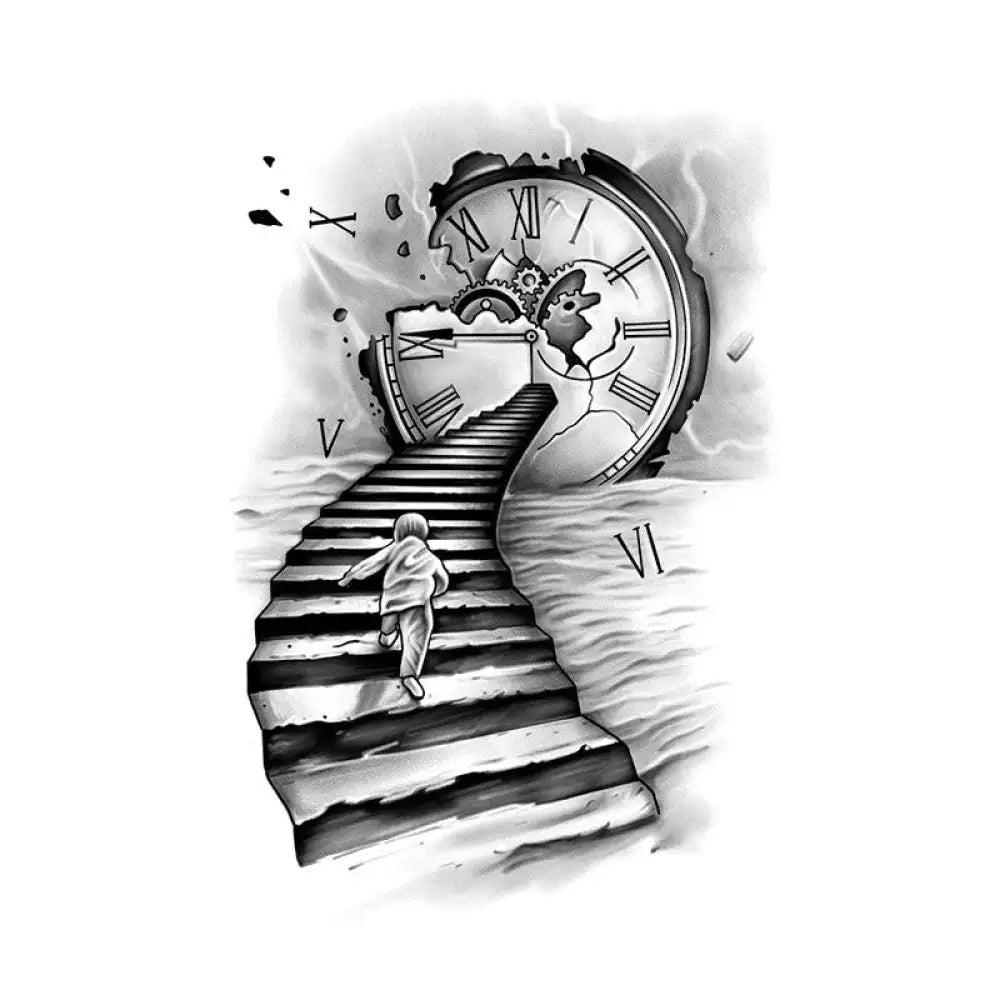 Child ascending a staircase from a broken clock in Chasing the Time tattoo sticker design