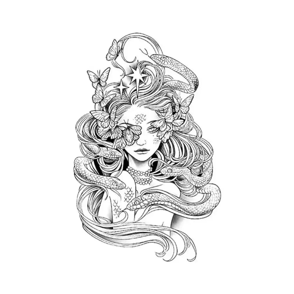 Stylized black and white tattoo sticker of a woman with snakes and butterflies in her hair