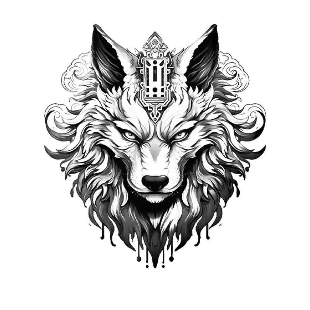 Black and white wolf head tattoo sticker with tribal markings for Alpha Spirit Wolf