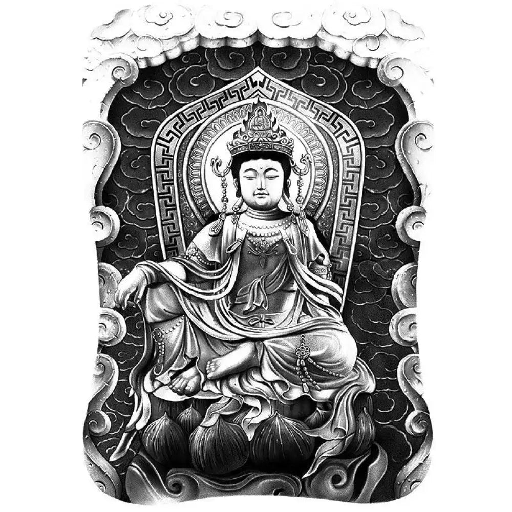 Grayscale Bodhisattva tattoo design, crowned figure meditating on lotus throne