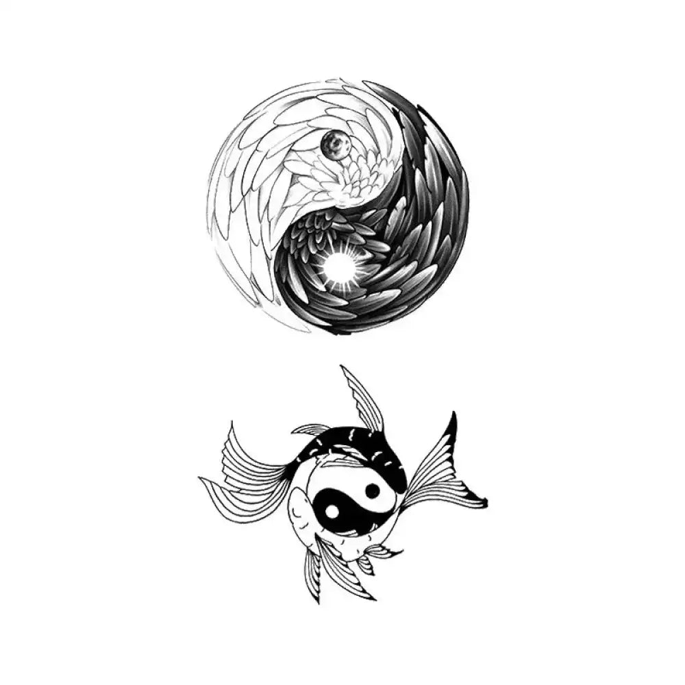 Stylized Yin and Yang symbols with birds and fish for Feathers & Koi tattoo sticker
