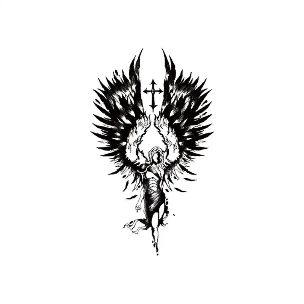 Black and white Guardian Angel and Cross tattoo sticker featuring an angel with outstretched wings
