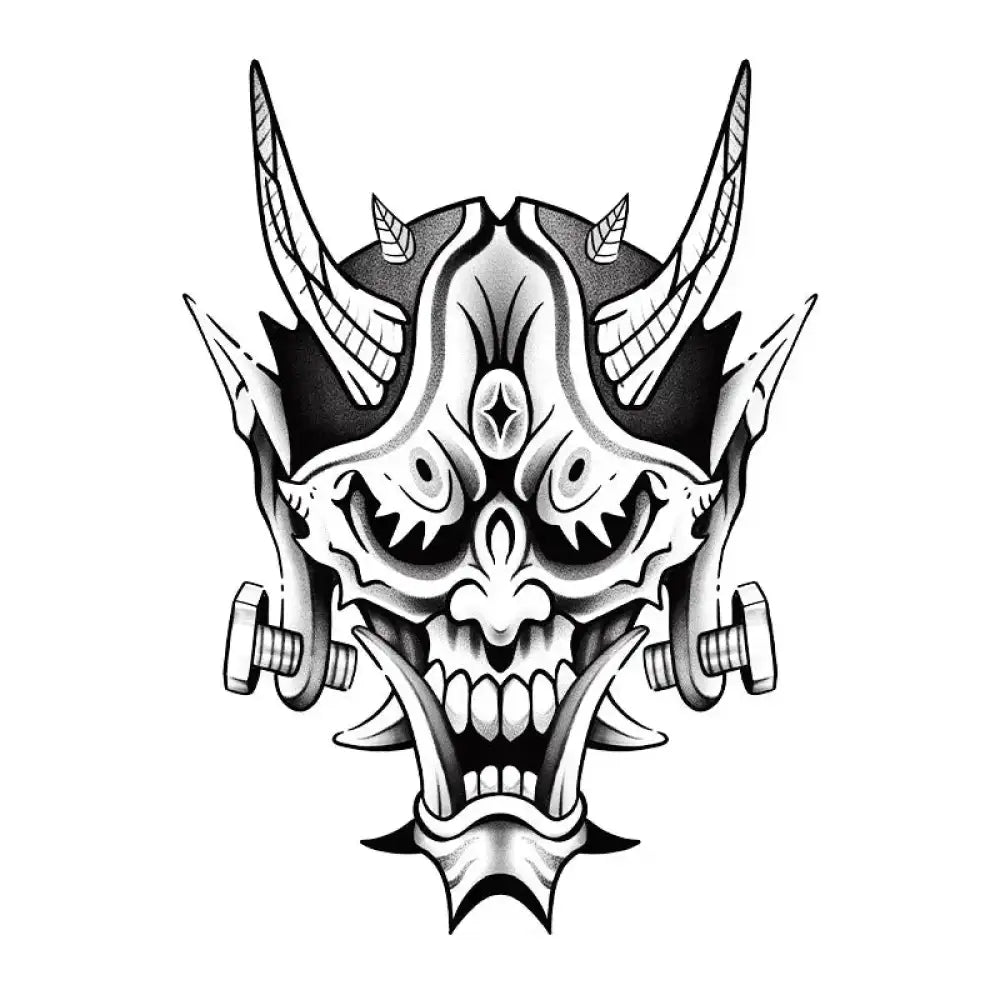 Black and white Mechanical Goblin Oni mask tattoo sticker with horns and fangs
