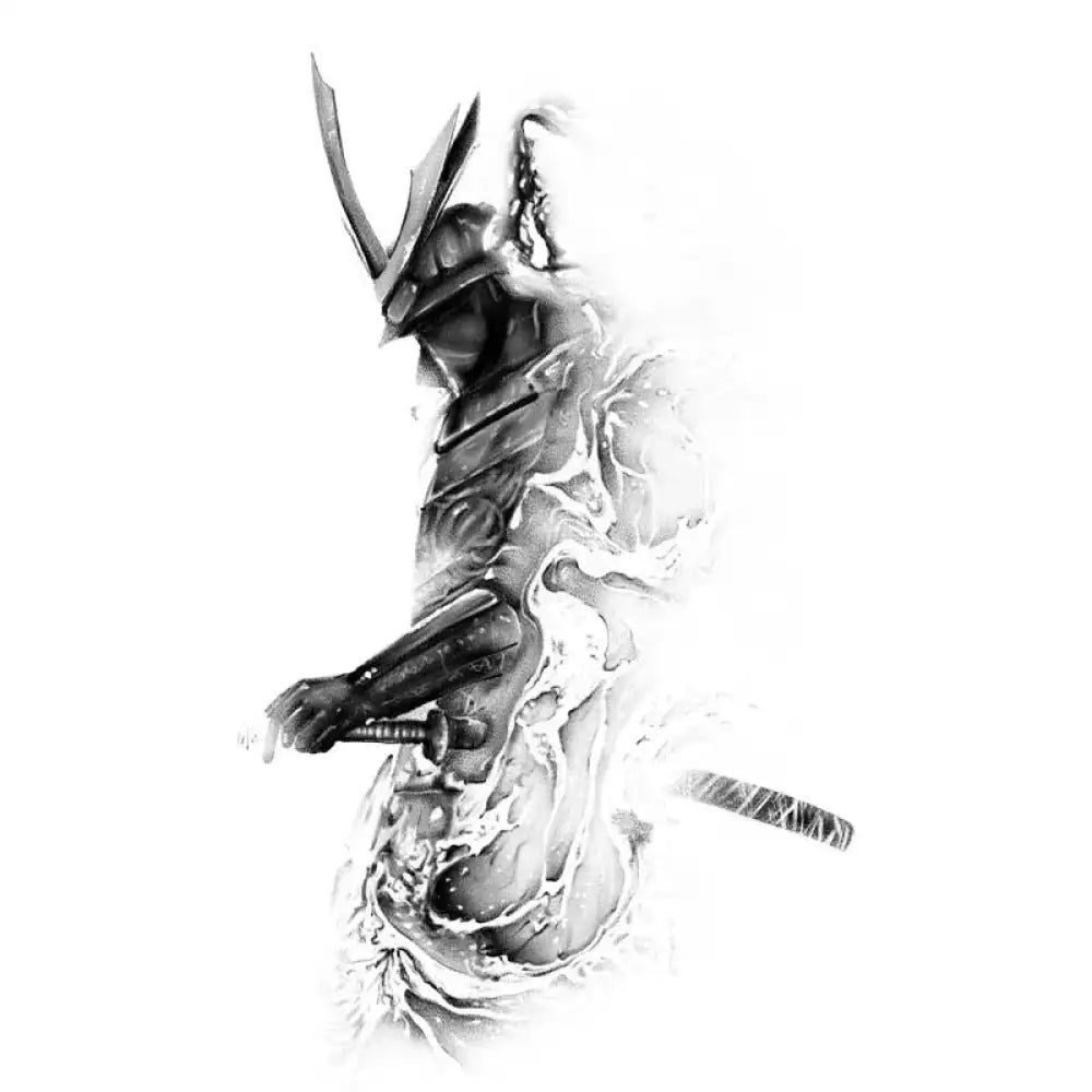 Black and white Samurai warrior tattoo sticker featuring katana sword design for small tattoos