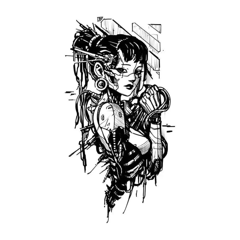 Black and white sketch of a cyberpunk muse with mechanical parts for a tattoo sticker