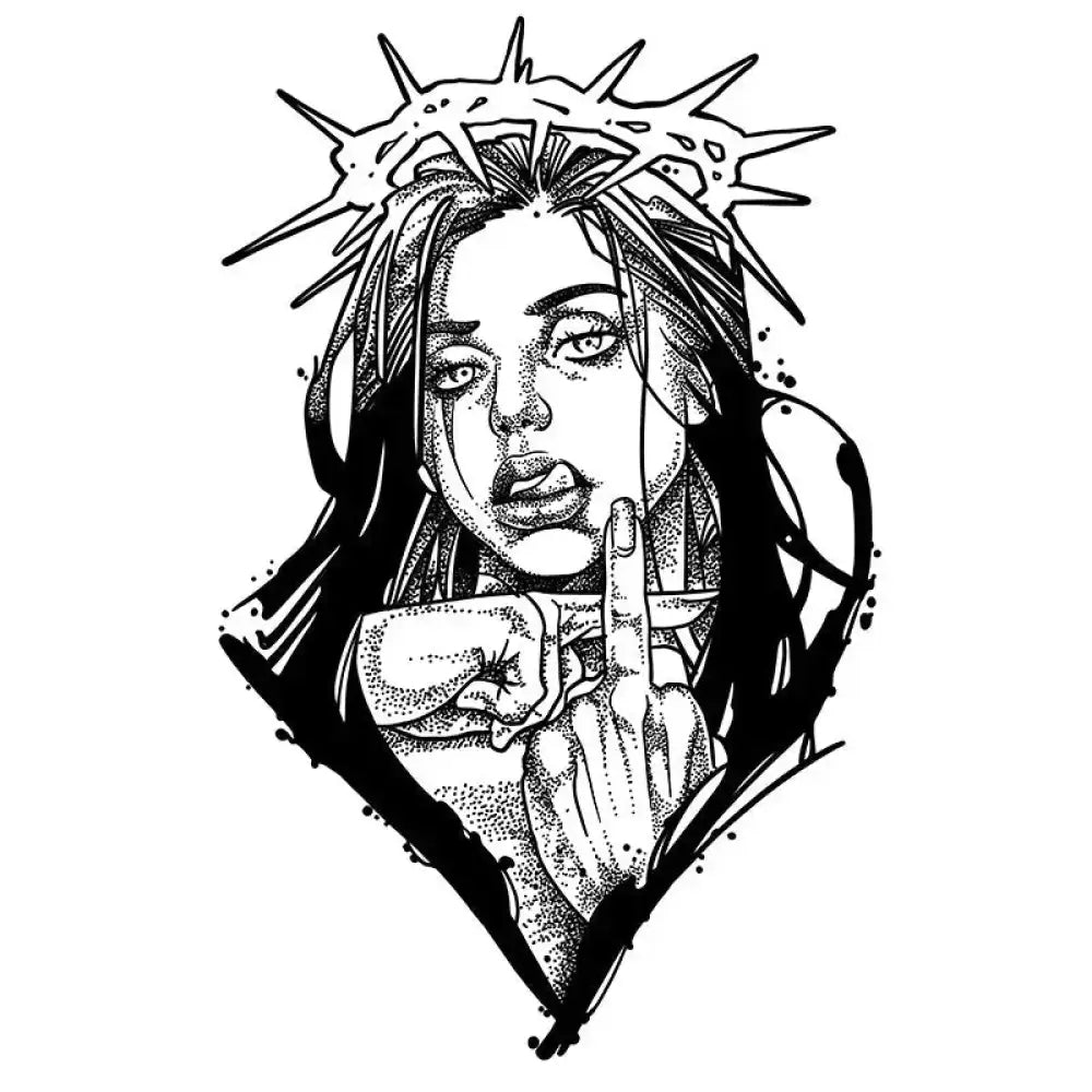 Girl with Crown of Thorns tattoo sticker featuring a bold female portrait with crown of thorns