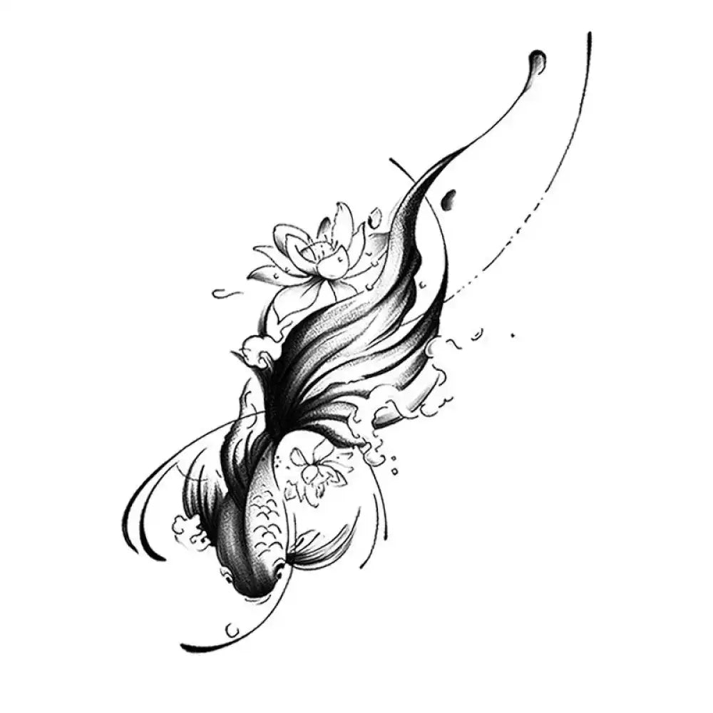 Black and white stylized Lotus Gold Fish tattoo sticker with lotus flower and water splashes