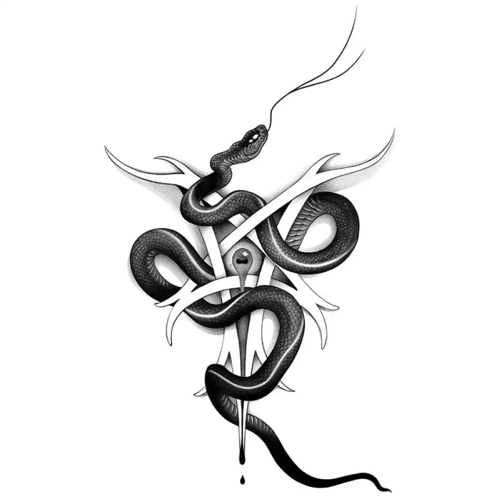 Evil eye tattoo sticker featuring a stylized black snake coiled around a dripping dagger