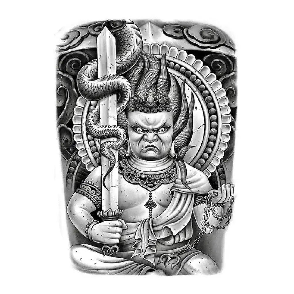 Acala fierce deity black and white tattoo design with sword and beads