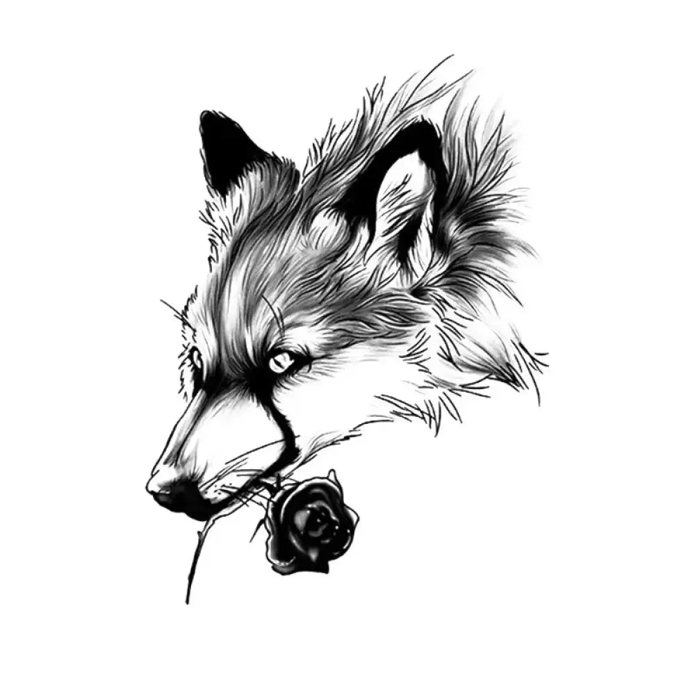Stylized black and white Fox holding dark rose tattoo sticker, ideal for small tattoo designs