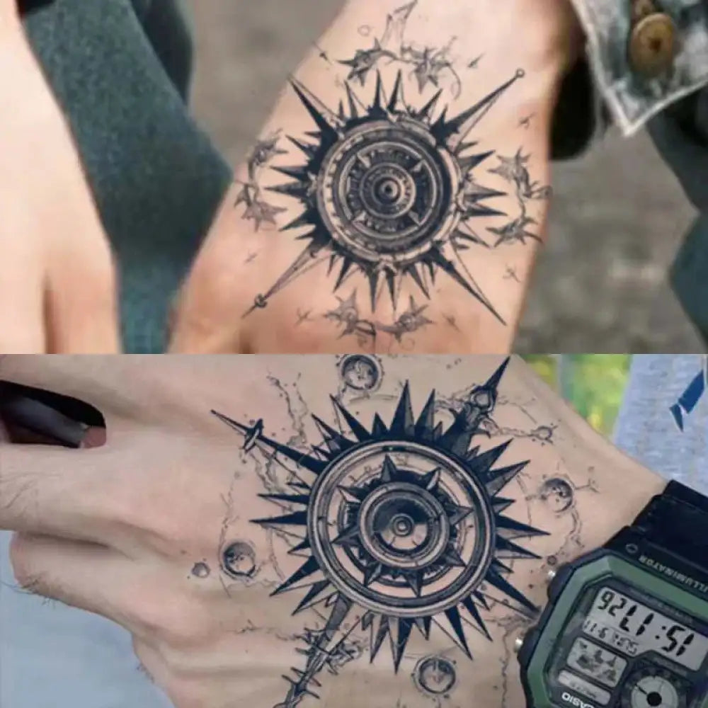Intricate black twin compasses tattoo design on hand, ideal as a small tattoo sticker