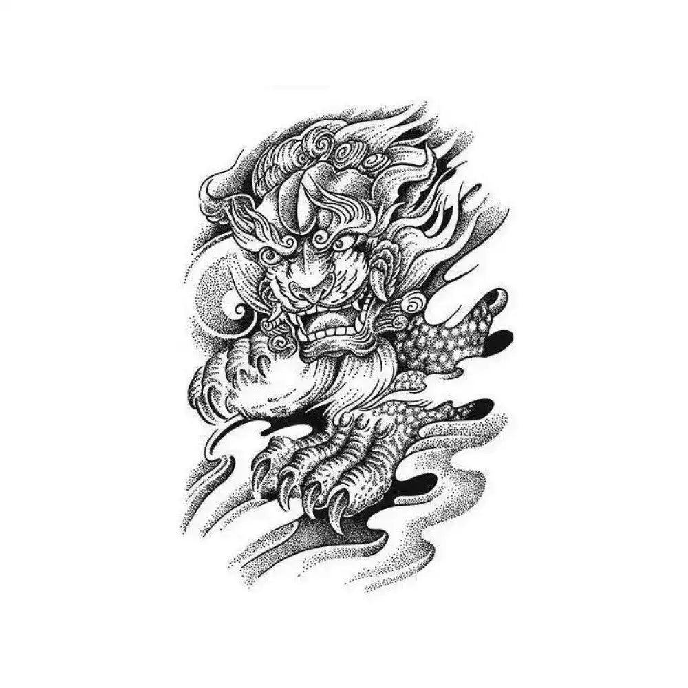 Black and white stippled tattoo sticker of Guardian Kirin Roar mythical creature with fierce lion-like head