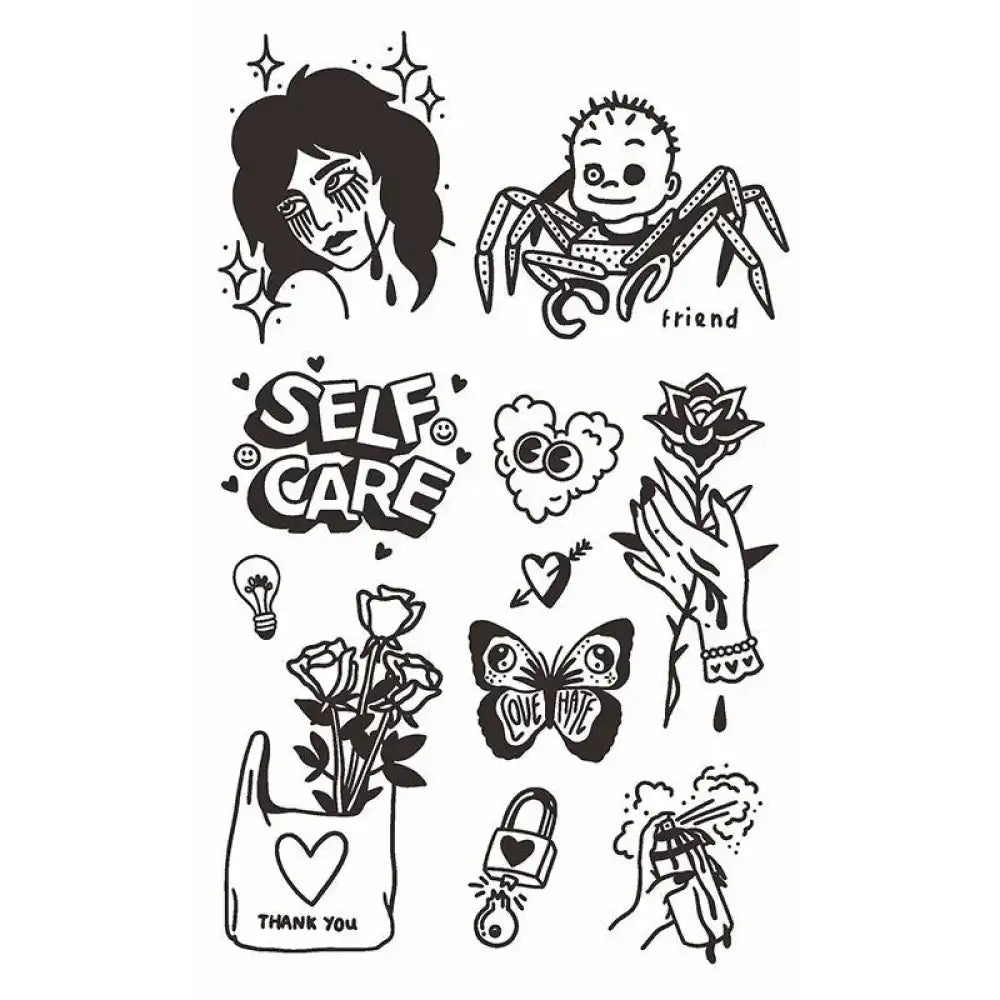 Self Care Rose Girl black and white cartoon temporary tattoos sheet