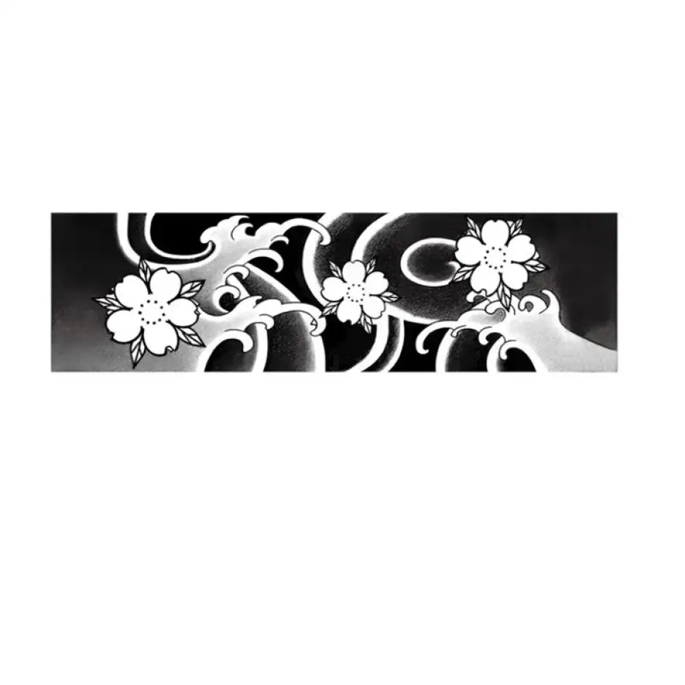 Monochrome Sakura Wave-2 banner with white cherry blossoms and swirling waves tattoo design