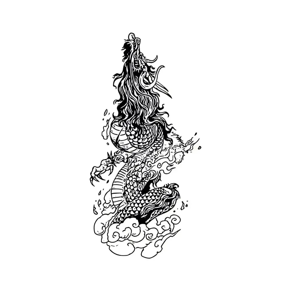 Black and white line art of Chinese dragon on cloud for Dragon Flies small tattoo sticker