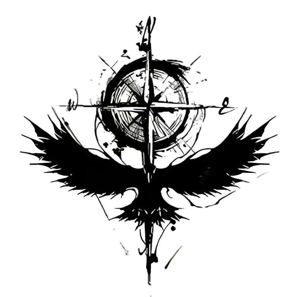 Black raven with outstretched wings on compass rose tattoo sticker