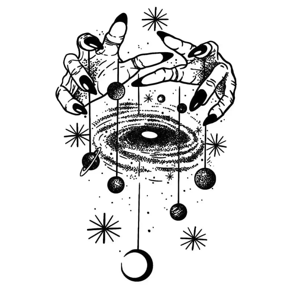 Black and white witch hands manipulating galaxy tattoo sticker