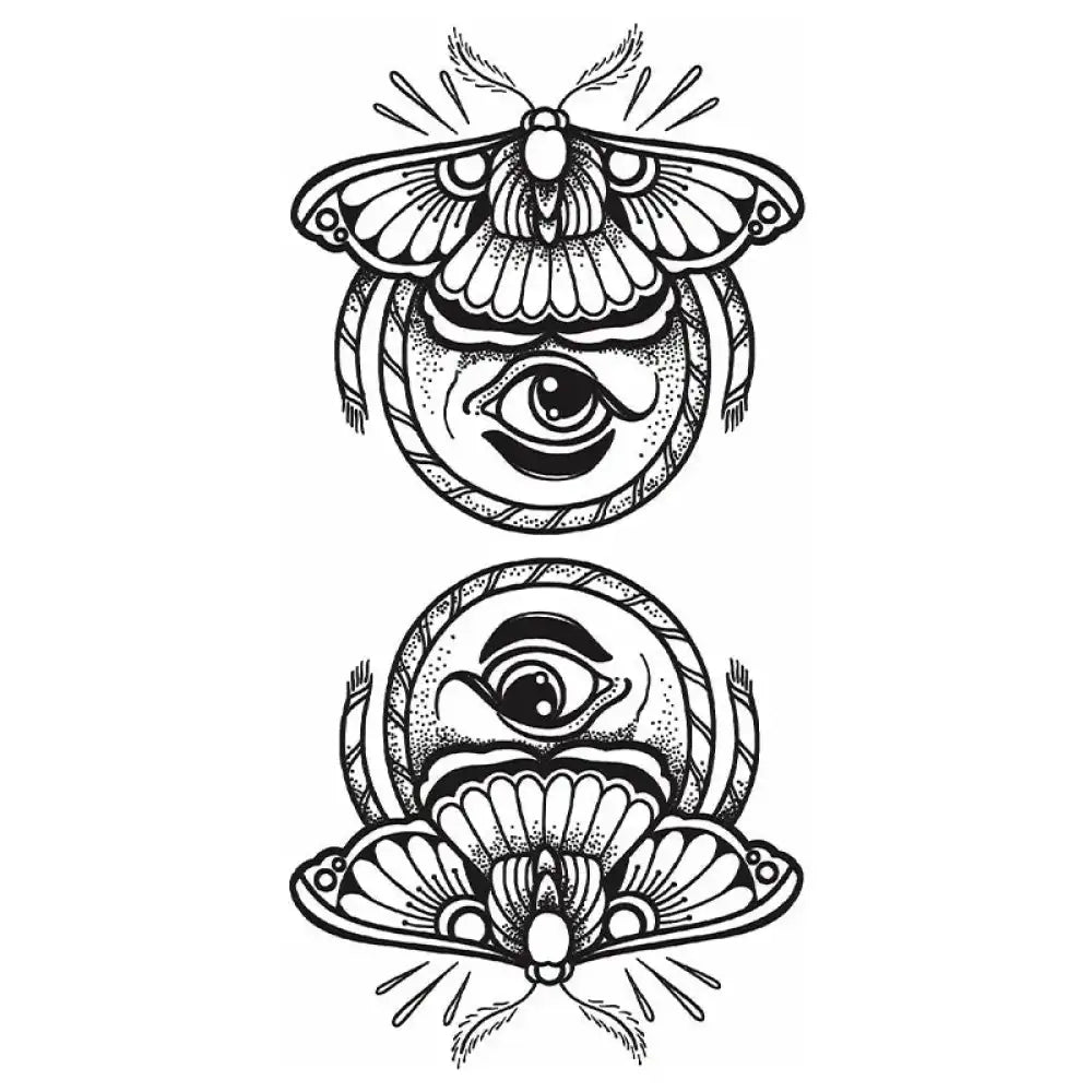 Stylized inverted moth and eye tattoo sticker with dot shading
