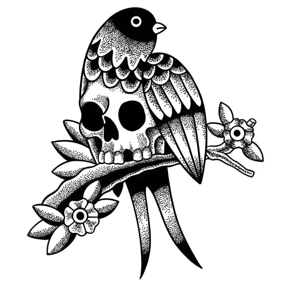 Skull bird small tattoo sticker of bird with skull body on flowering branch