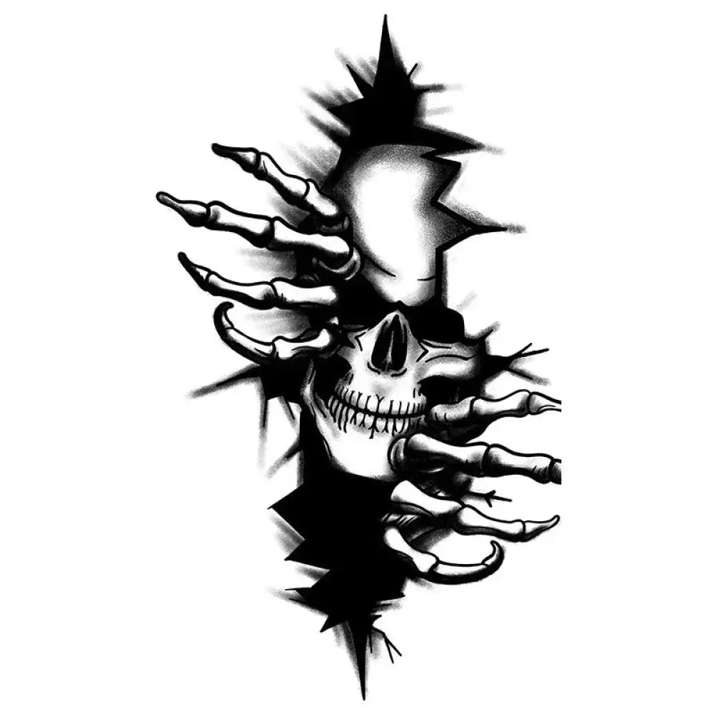 Grinning skull breaks through surface with skeletal hands, small tattoo sticker