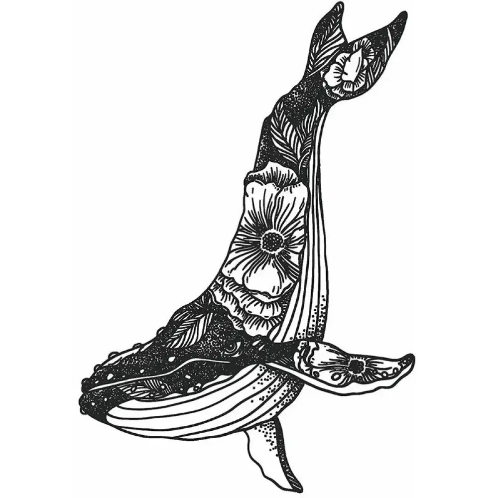 Flower whale tattoo sticker with floral leaf patterns