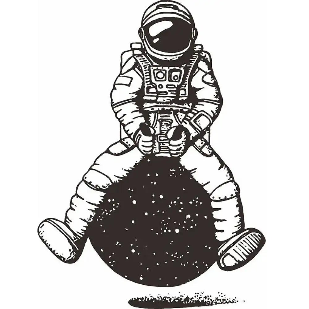 Spaceman astronaut bouncing on planet-themed space hopper tattoo sticker