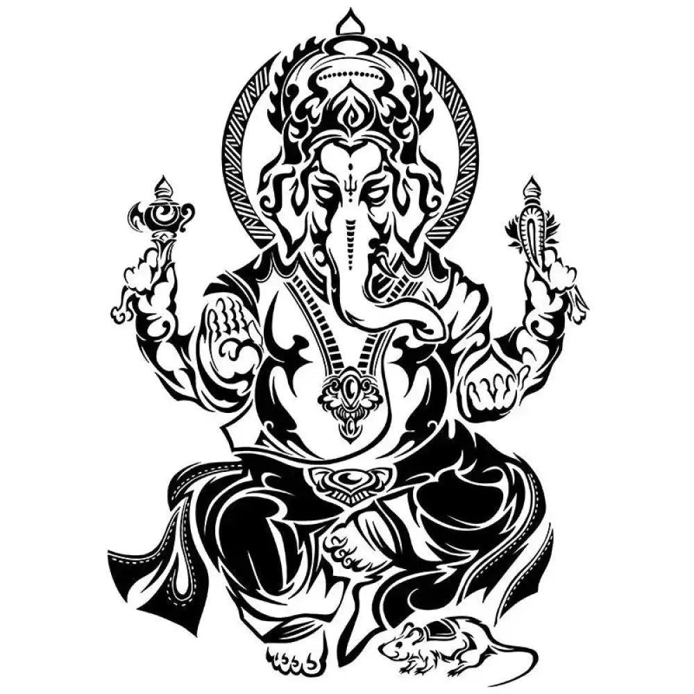 Black and white tribal Ganesha with rat, elephant god Ganesha blessing