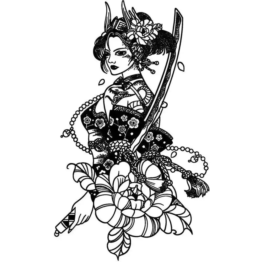 Detailed black and white geisha samurai tattoo sticker illustration
