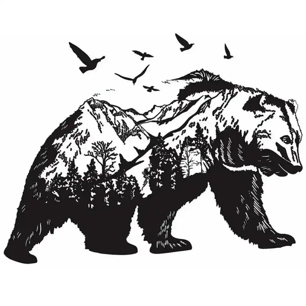 Stylized mountain bear silhouette with forest landscape, small tattoo sticker