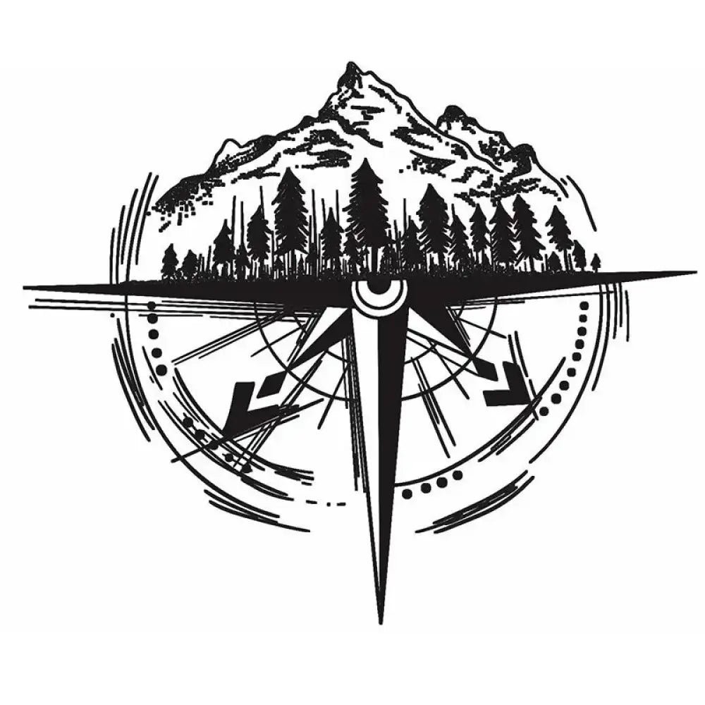 Stylized clean linework compass rose with mountain forest for small tattoo sticker