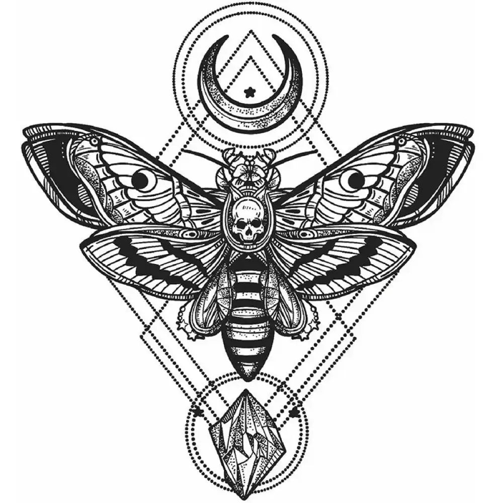 Ornate black and white Geometric Death’s-Head Moth tattoo sticker with skull, patterns, moon, and crystal