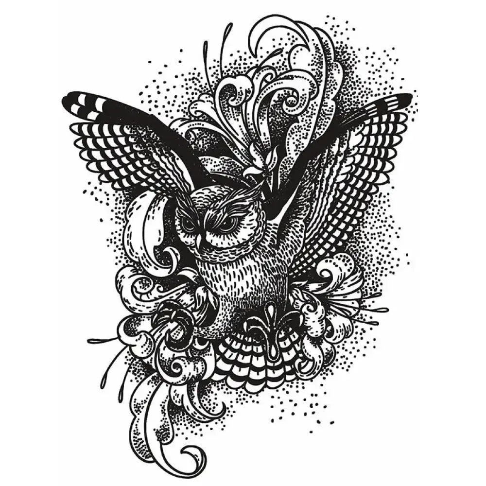 Black and white stippled soaring owl with outstretched wings and ornate patterns
