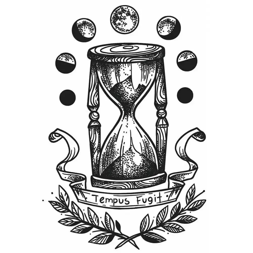Tempus Fugit hourglass with moon phases and ribbon banner tattoo sticker