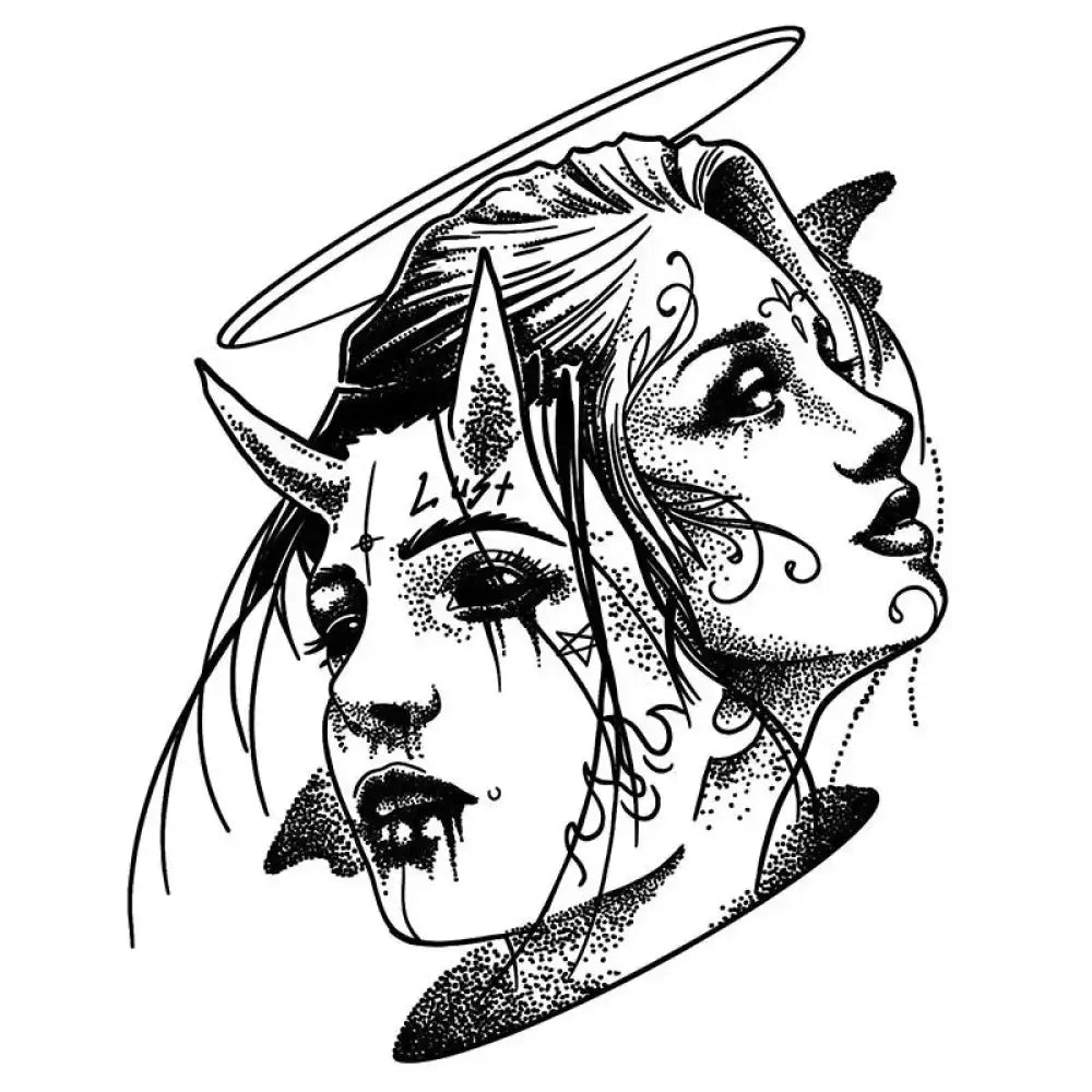 Black and white angel vs demon duality tattoo sticker design
