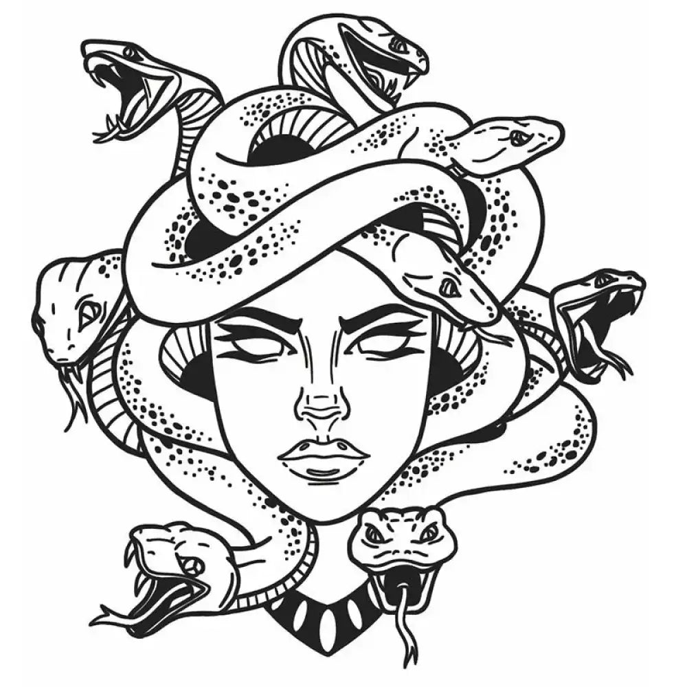 Fierce Medusa head line art with snakes for hair, small tattoo sticker design
