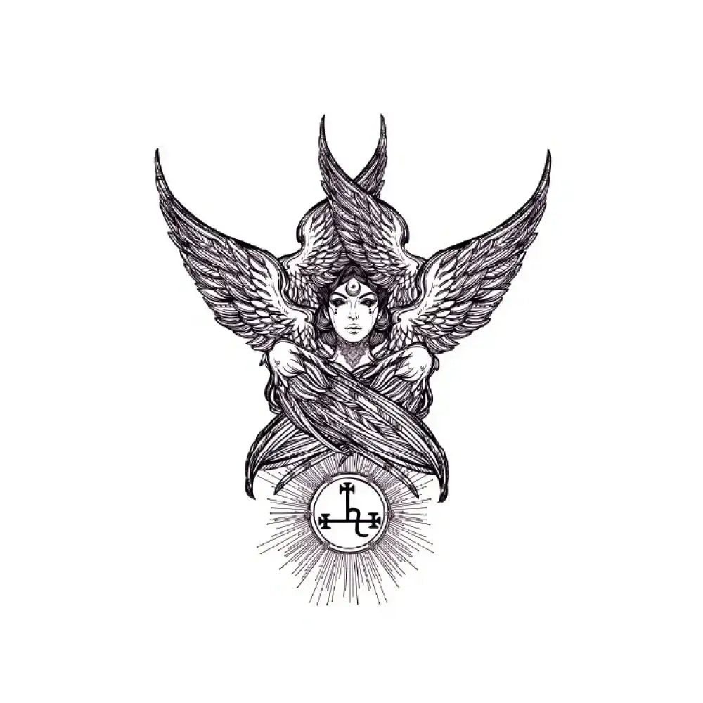 Winged female angel figure with emblem, 6 Wings Angel small tattoo sticker
