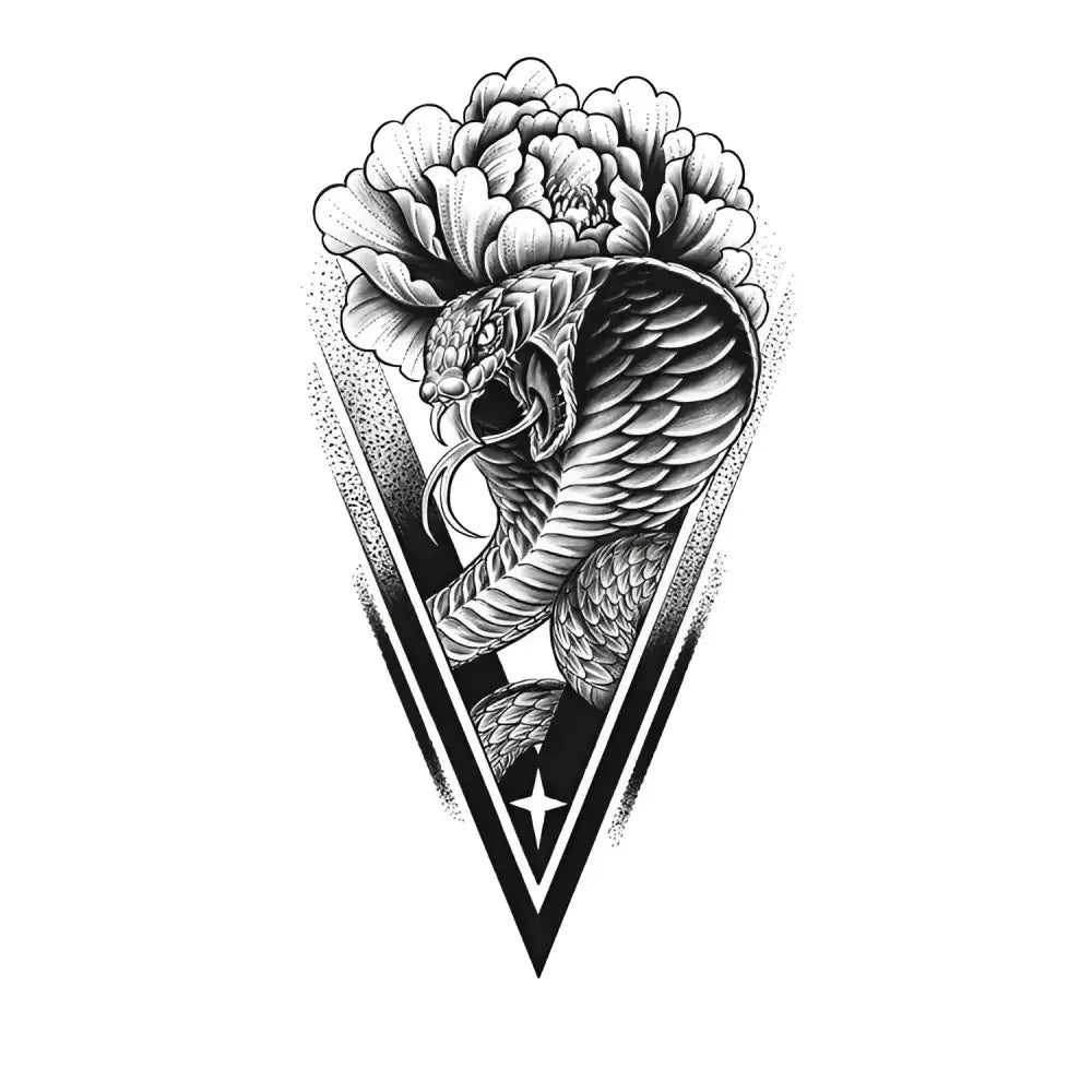 Zodiac Snake black and white cobra peony tattoo sticker in triangle